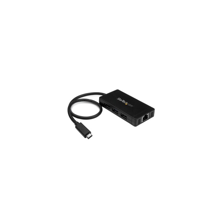 StarTech.com Hub Concentrador USB 3.0 de 3 Puertos con USB-C y Ethernet Gigabit - Con Adaptador de Alimentación Negro
