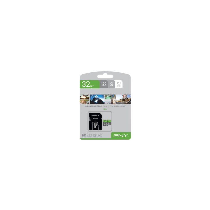 MEMORIA MICROSDHC PNY 32GB ELITE 100MB/S CON ADAPTADOR NEGRO VERDE GRIS P-SDU32GU185GW-GE