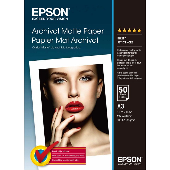 Papel Epson Archival Matte Paper, DIN A3, 189 g/m², 50 hojas C13S041344