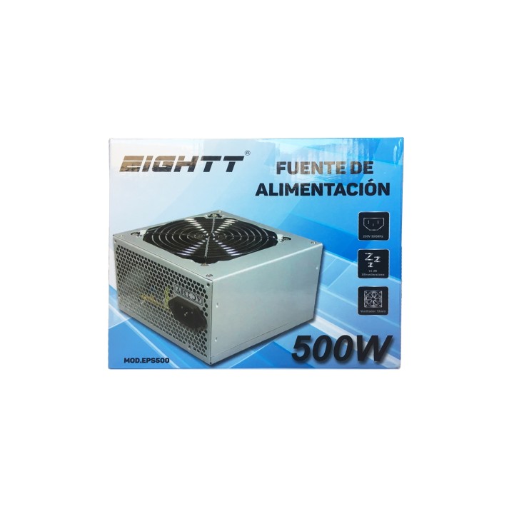 Eightt Fuente de Alimentación 500W. Ventilador silencioso de 12 cm. 1 x ATX 20+4 pines, 1 x EPS/ATX 12V 4 pines, 4x SATA, 2x